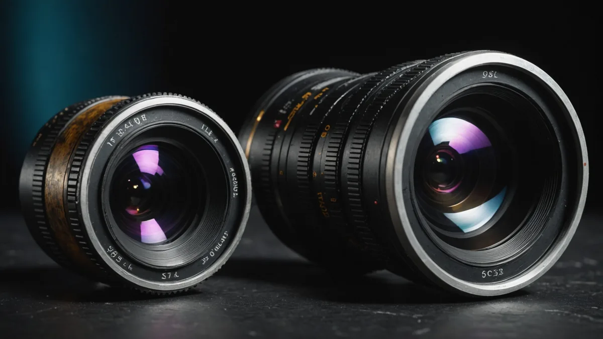 Side-by-side comparison of a vintage cinema lens and a modern cinema prime on a dark surface